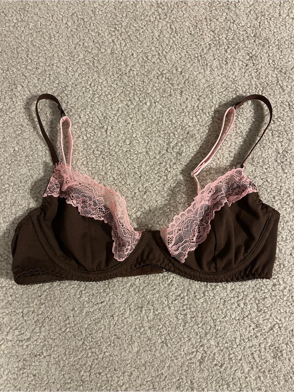 Women's Brown Bra with Pink Lace Trim